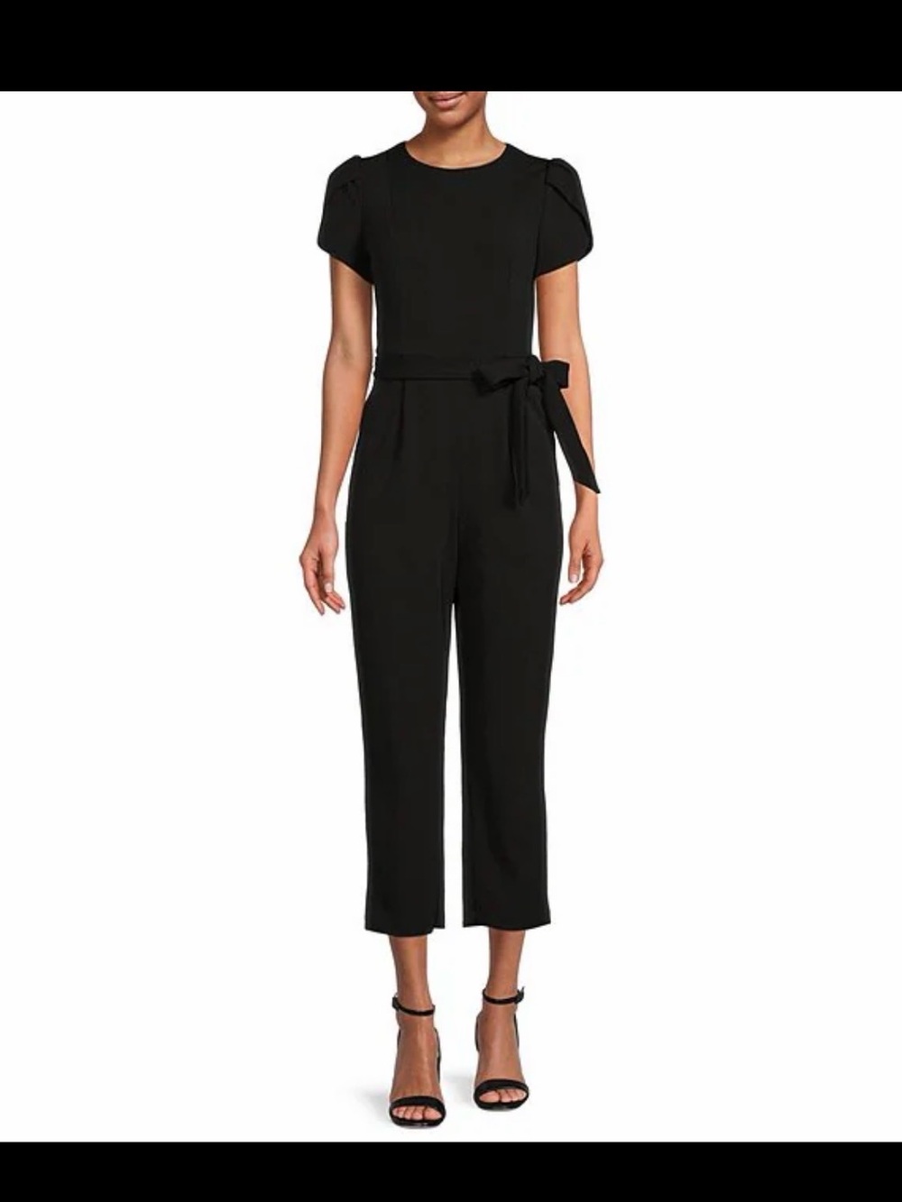Calvin Klein Black Short-Sleeve Tie-Waist Cropped Jumpsuit